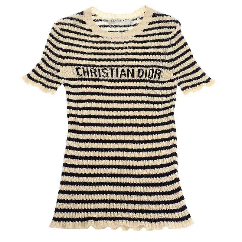 ディオール Dior ディオリビエラ ショートスリーブ 38 444S15AM779 ニット コットン アイボリー ネイビーブルー レディース【中古】【Aランク】