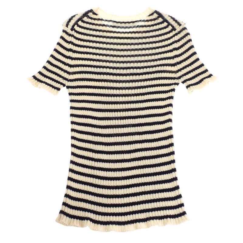ディオール Dior ディオリビエラ ショートスリーブ 38 444S15AM779 ニット コットン アイボリー ネイビーブルー レディース【中古】【Aランク】