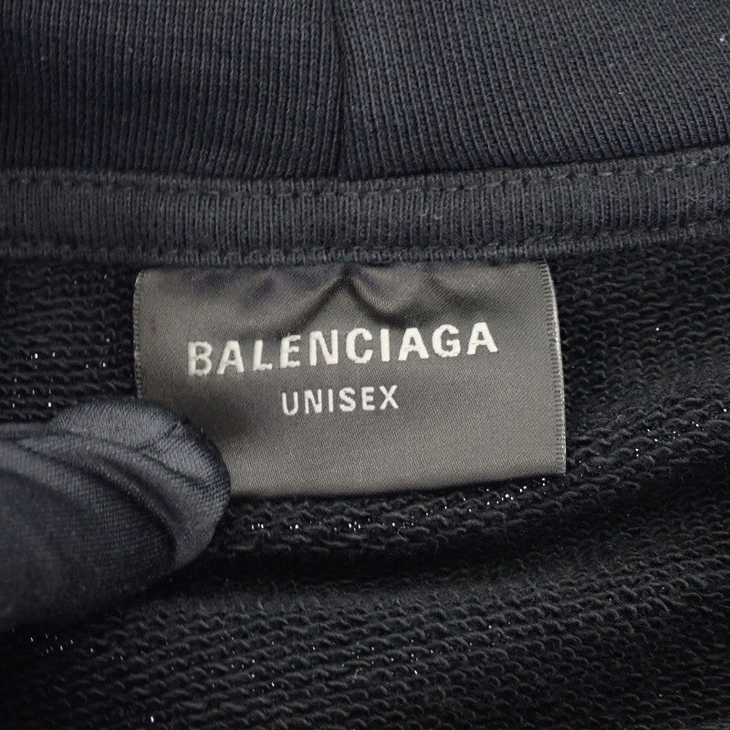 バレンシアガ BALENCIAGA オーバーサイズ フーディ プルオーバー DESTROYED LOGO PRINT HOODIE XXS 729361 TNVL2 1070 パーカー コットン ブラック メンズ レディース【中古】【ABランク】