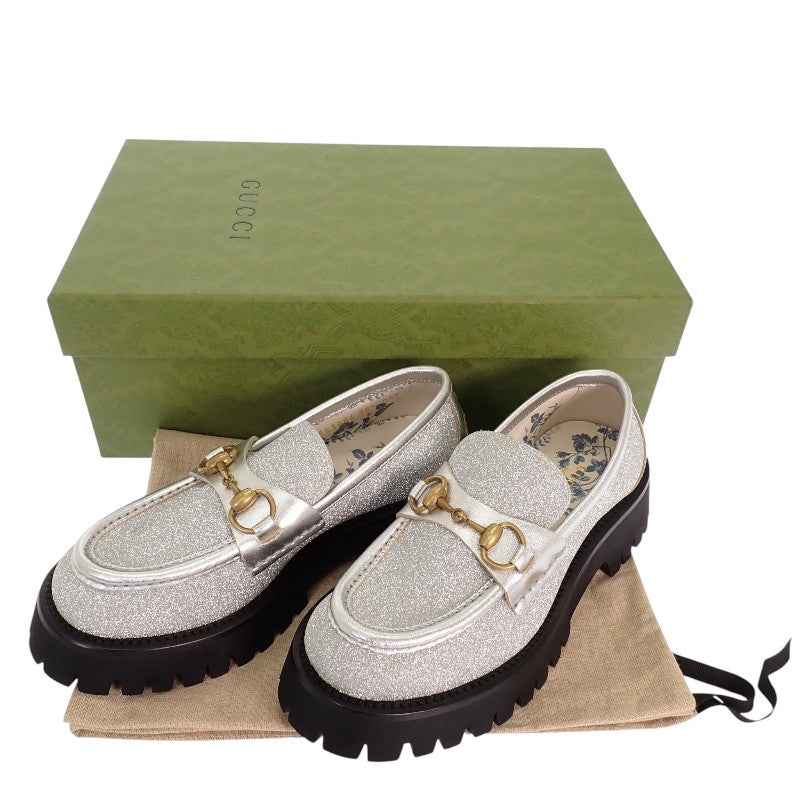 グッチ GUCCI ホースビットBEE 653884 HW940 8106 ローファー カーフ メタリックシルバー ゴールド ブラック ゴールド金具 36 1/2 日本サイズ23.5cm レディース【中古】【Aランク】