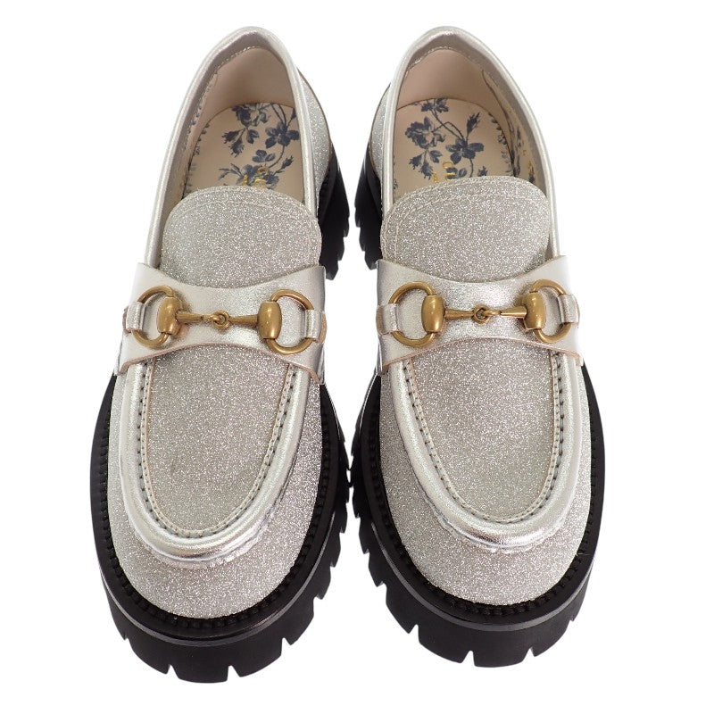 グッチ GUCCI ホースビットBEE 653884 HW940 8106 ローファー カーフ メタリックシルバー ゴールド ブラック ゴールド金具 36 1/2 日本サイズ23.5cm レディース【中古】【Aランク】