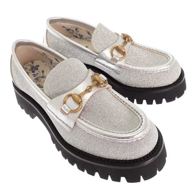 グッチ GUCCI ホースビットBEE 653884 HW940 8106 ローファー カーフ メタリックシルバー ゴールド ブラック ゴールド金具 36 1/2 日本サイズ23.5cm レディース【中古】【Aランク】