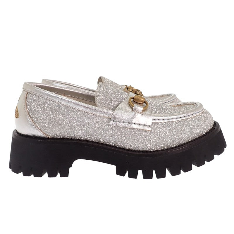 グッチ GUCCI ホースビットBEE 653884 HW940 8106 ローファー カーフ メタリックシルバー ゴールド ブラック ゴールド金具 36 1/2 日本サイズ23.5cm レディース【中古】【Aランク】