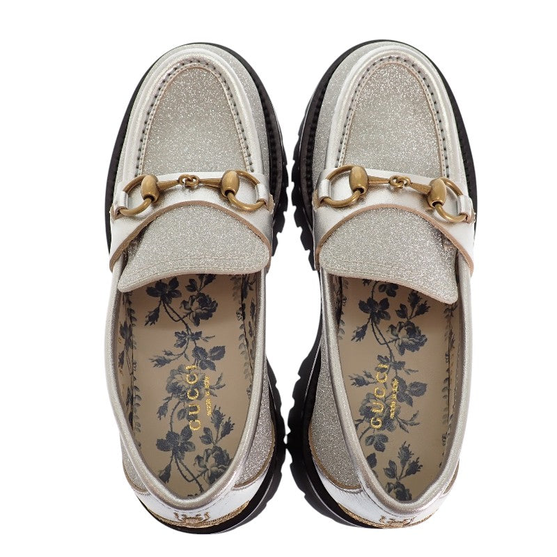 グッチ GUCCI ホースビットBEE 653884 HW940 8106 ローファー カーフ メタリックシルバー ゴールド ブラック ゴールド金具 36 1/2 日本サイズ23.5cm レディース【中古】【Aランク】