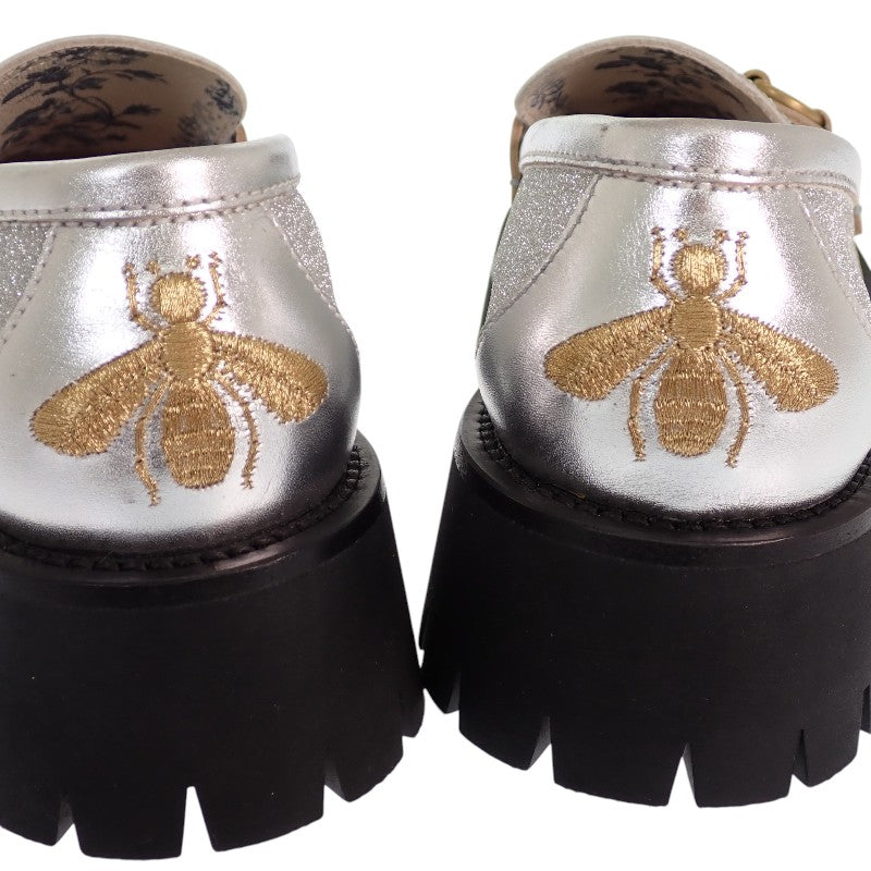 グッチ GUCCI ホースビットBEE 653884 HW940 8106 ローファー カーフ メタリックシルバー ゴールド ブラック ゴールド金具 36 1/2 日本サイズ23.5cm レディース【中古】【Aランク】