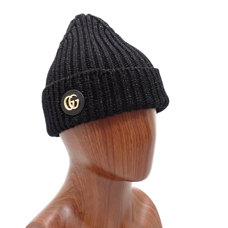グッチ GUCCI リブニット ラメハット ニット帽 M 8091723GAAB1060 ニットキャップ ウール レザー ブラック レディース メンズ【中古】【Aランク】
