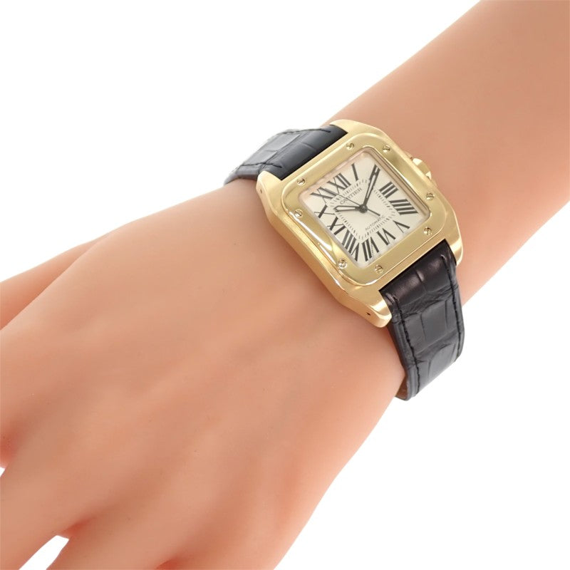 カルティエ CARTIER サントス100 MM W20112Y1 腕時計 K18イエローゴールド レザー 金色 ブラック 自動巻き ホワイト文字盤 ゴールド金具 ボーイズ メンズ レディース ユニセックス【中古】【Aランク】