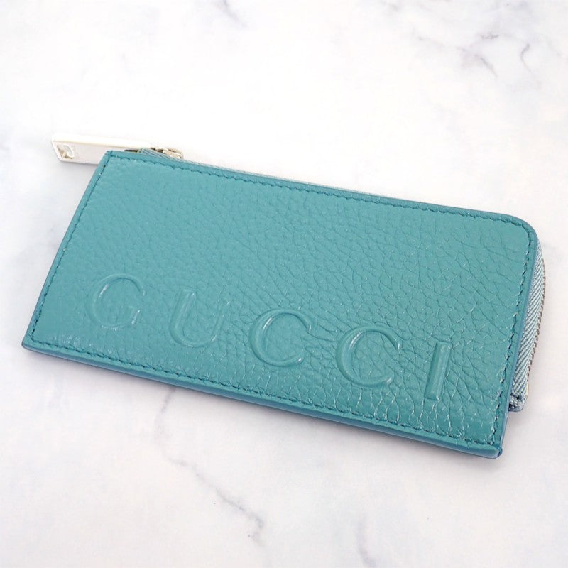 グッチ GUCCI ロゴ ジップ 835073 カードケース レザー ブルー イエロー シルバー金具 メンズ レディース【中古】【Aランク】