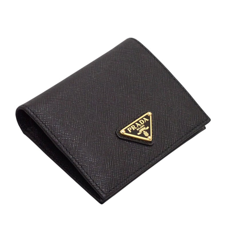 プラダ PRADA トライアングル 1MV204_QHH_F0002 二つ折り財布 サフィアーノ ブラック ゴールド金具 レディース【中古】【Aランク】