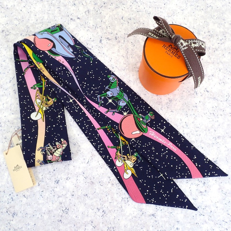 エルメス HERMES ツイリー SPACE DERBY 063573S_05 スカーフ シルク ネイビー マリン ローズ レディース【中古】【Aランク】