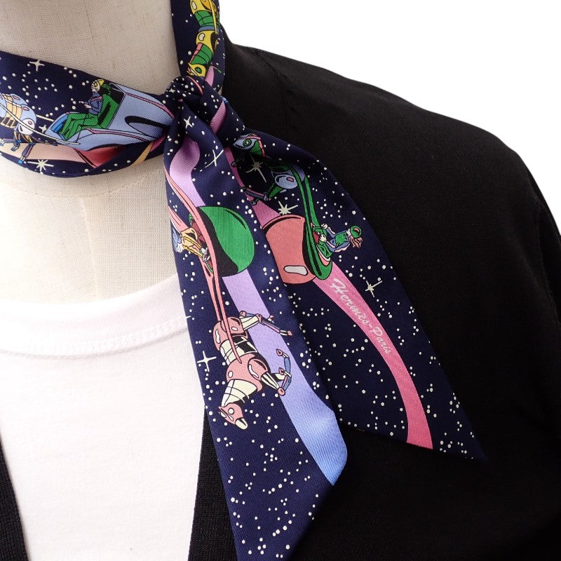 エルメス HERMES ツイリー SPACE DERBY 063573S_05 スカーフ シルク ネイビー マリン ローズ レディース【中古】【Aランク】