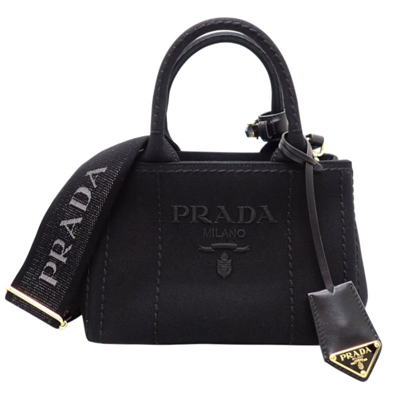 プラダ PRADA ジャルディニエールスモール コットンキャンバス ミニバッグ 1BA038 2WAYバッグ ハンドバッグ ショルダーバッグ キャンバス レザー ブラック 黒 ゴールド金具 レディース【中古】【Aランク】