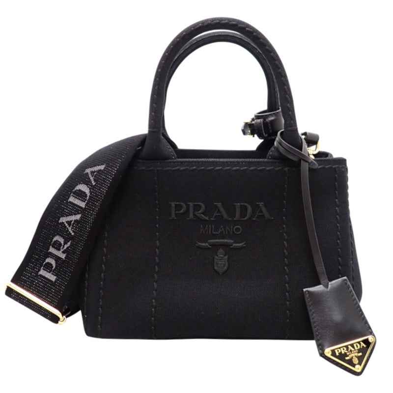プラダ PRADA ジャルディニエールスモール コットンキャンバス ミニバッグ 1BA038 2WAYバッグ ハンドバッグ ショルダーバッグ キャンバス レザー ブラック 黒 ゴールド金具 レディース【中古】【Aランク】
