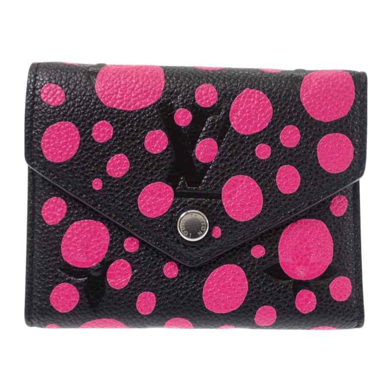 ルイヴィトン LOUIS VUITTON ポルトフォイユ・ヴィクトリーヌ 草間彌生 M81956 二つ折り財布 モノグラムアンプラント ブラック ピンク シルバー金具 レディース【中古】【ABランク】
