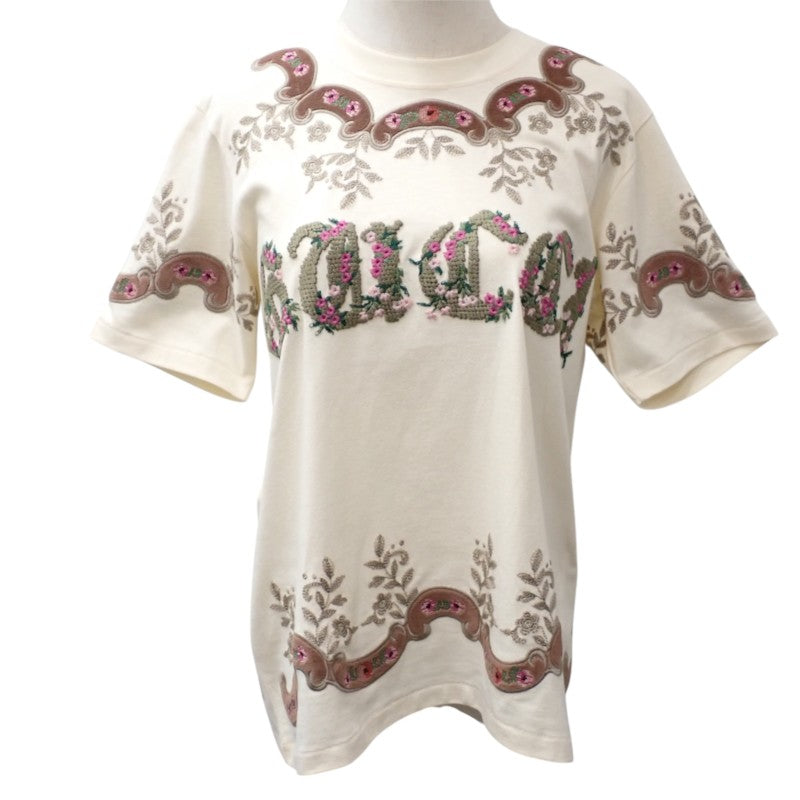 グッチ GUCCI フラワー刺繍 Tシャツ S 半袖Tシャツ コットン アイボリー レディース【中古】【Aランク】