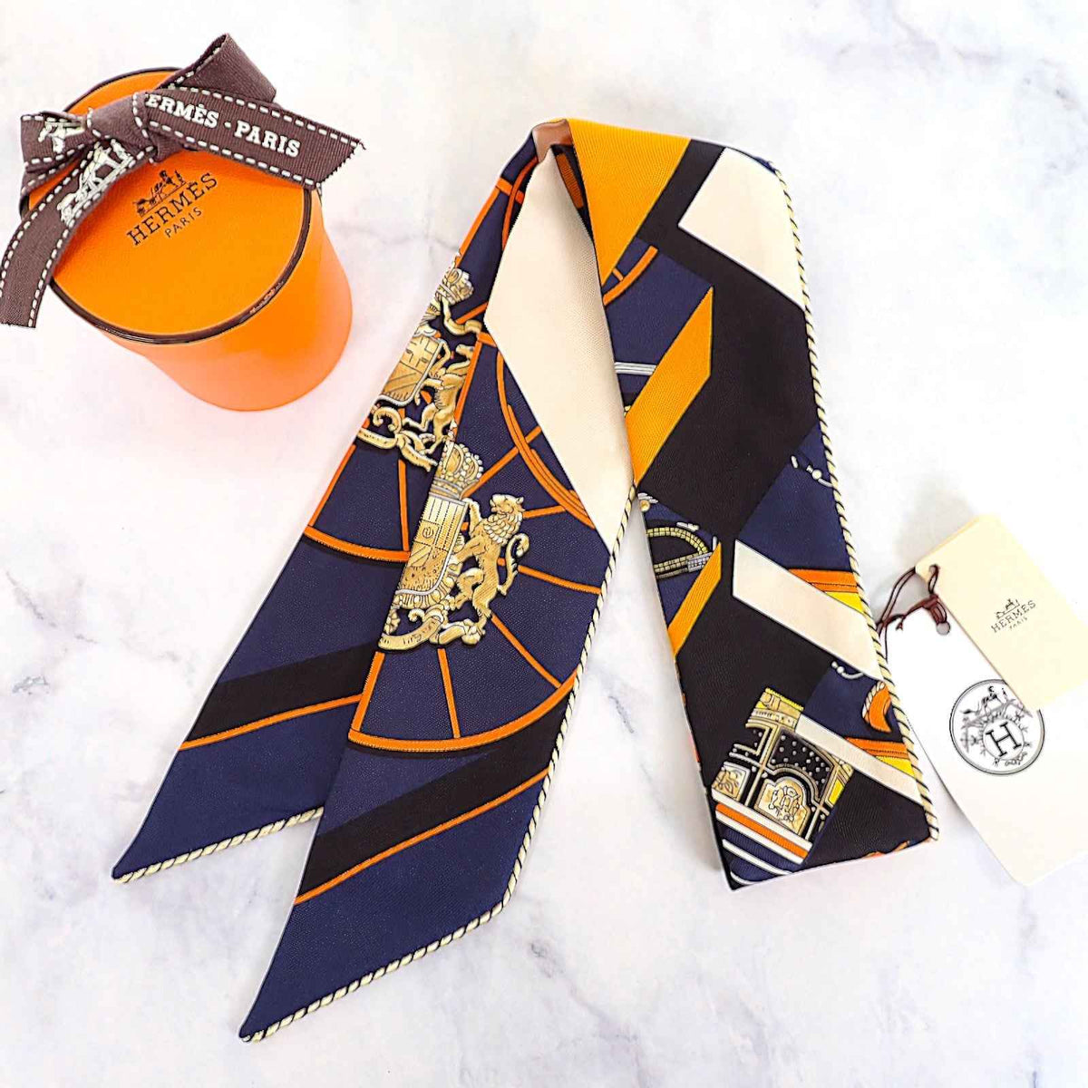 エルメス HERMES ツイリー Springs Springs baguette H853932S_22 スカーフ シルク オレンジ ネイビー ノワール レディース【中古】【Aランク】