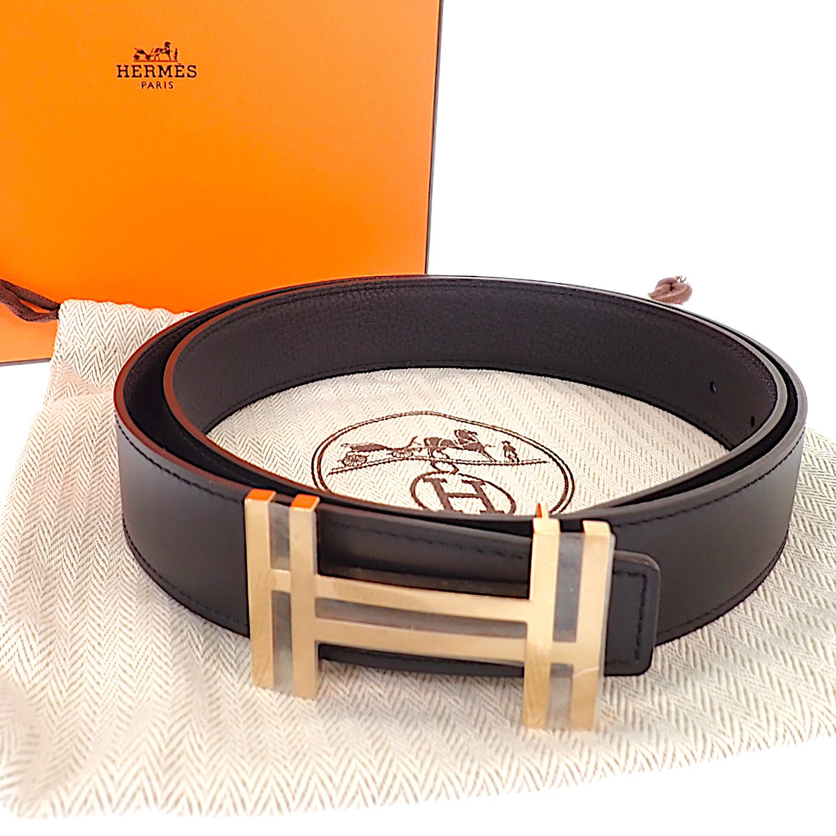 エルメス HERMES H・オ・カレ 85 ベルト レザー ブラック ゴールド金具 メンズ【中古】【Aランク】