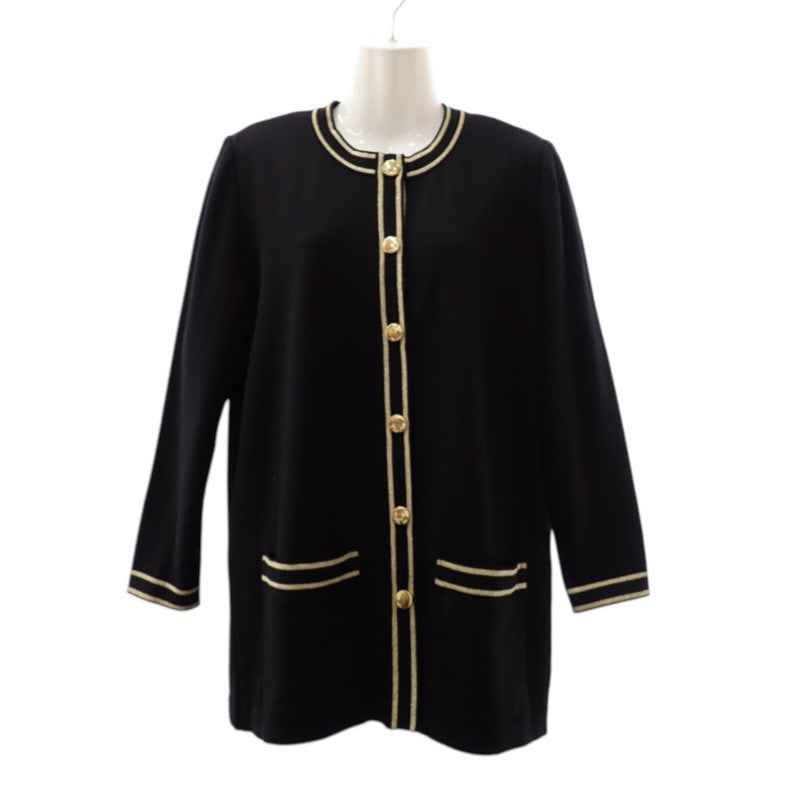 イヴ・サンローラン YVES SAINT LAURENT ノーカラー ロング ニットカーディガン ヴィンテージ M WU86-599 カーディガン ウール ブラック ゴールド金具 レディース【中古】【ABランク】