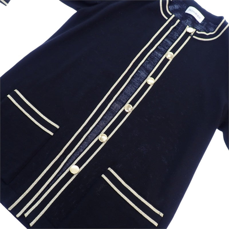 イヴ・サンローラン YVES SAINT LAURENT ノーカラー ロング ニットカーディガン ヴィンテージ M WU86-599 カーディガン ウール ブラック ゴールド金具 レディース【中古】【ABランク】