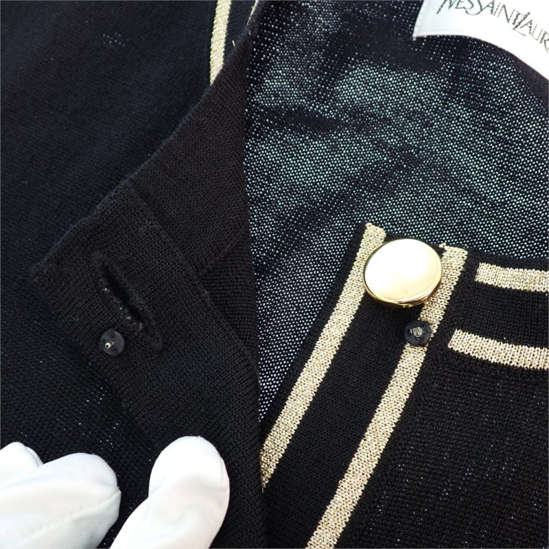 イヴ・サンローラン YVES SAINT LAURENT ノーカラー ロング ニットカーディガン ヴィンテージ M WU86-599 カーディガン ウール ブラック ゴールド金具 レディース【中古】【ABランク】