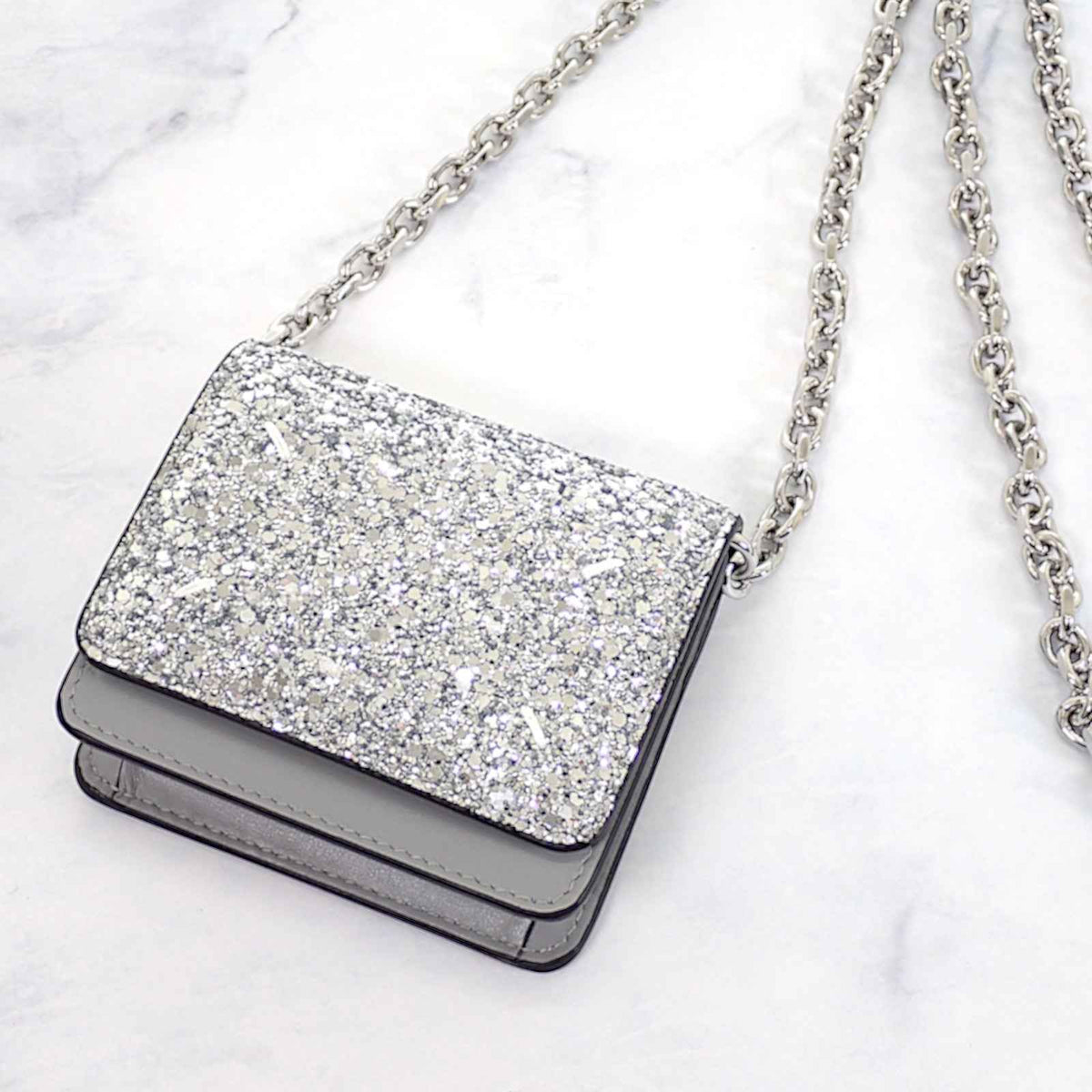 メゾンマルジェラ MAISON MARGIELA グリッター マイクロ チェーンウォレット S35UI0542P6233T9002 二つ折り財布 レザー スパンコール シルバー レディース【中古】【Aランク】