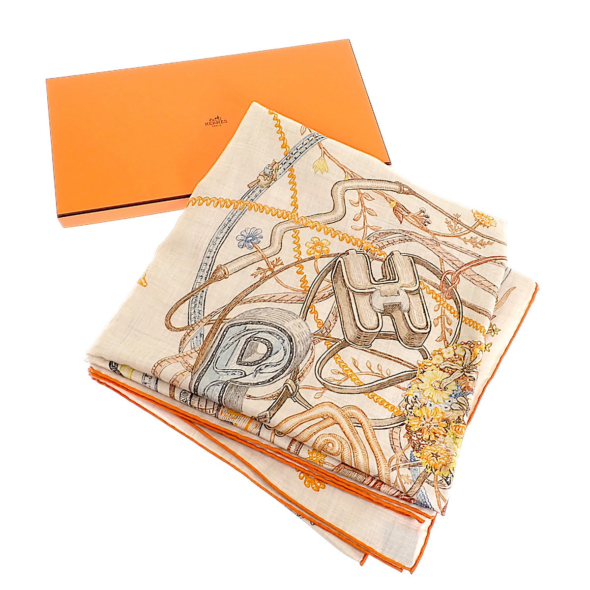 エルメス HERMES カレジェアン 大判ストール エルメスの世界 H244230S 11 スカーフ カシミヤ シルク ホワイト レディース【中古】【Aランク】