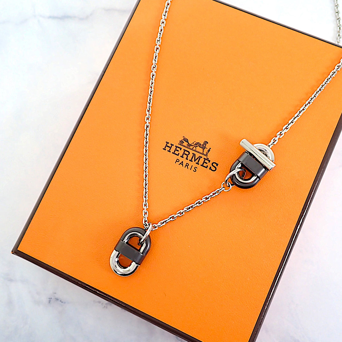エルメス HERMES シェーヌ マイヨン PM H100114 FJ 03 ネックレス メタル シルバー ブラック メンズ レディース【中古】【Aランク】