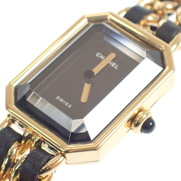 プルミエール レディース 腕時計 H0001 GP レザー 黒 ブラック文字盤 Lサイズ クォーツ ゴールド 【ISEYA】