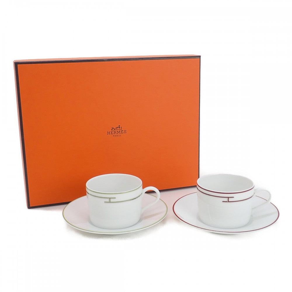 【中古】エルメス HERMES リズムカップ＆ソーサー ペア 4416P2 食器 陶器 ホワイト グリーン レッド レディース【Sランク】