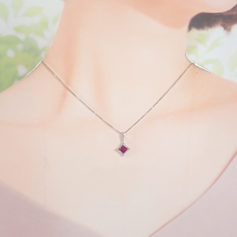 【中古】 K18WG デザインジュエリー ミステリーセッティング ネックレス K18ホワイトゴールド ルビー ダイヤモンド レディース【Aランク】