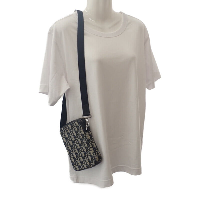 ディオール Dior メッセンジャーポーチ オブリーク ジャガード 2ESBC265YSE-H05E ショルダーバッグ キャンバス レザー ネイビー ベージュ レディース メンズ【中古】【Aランク】