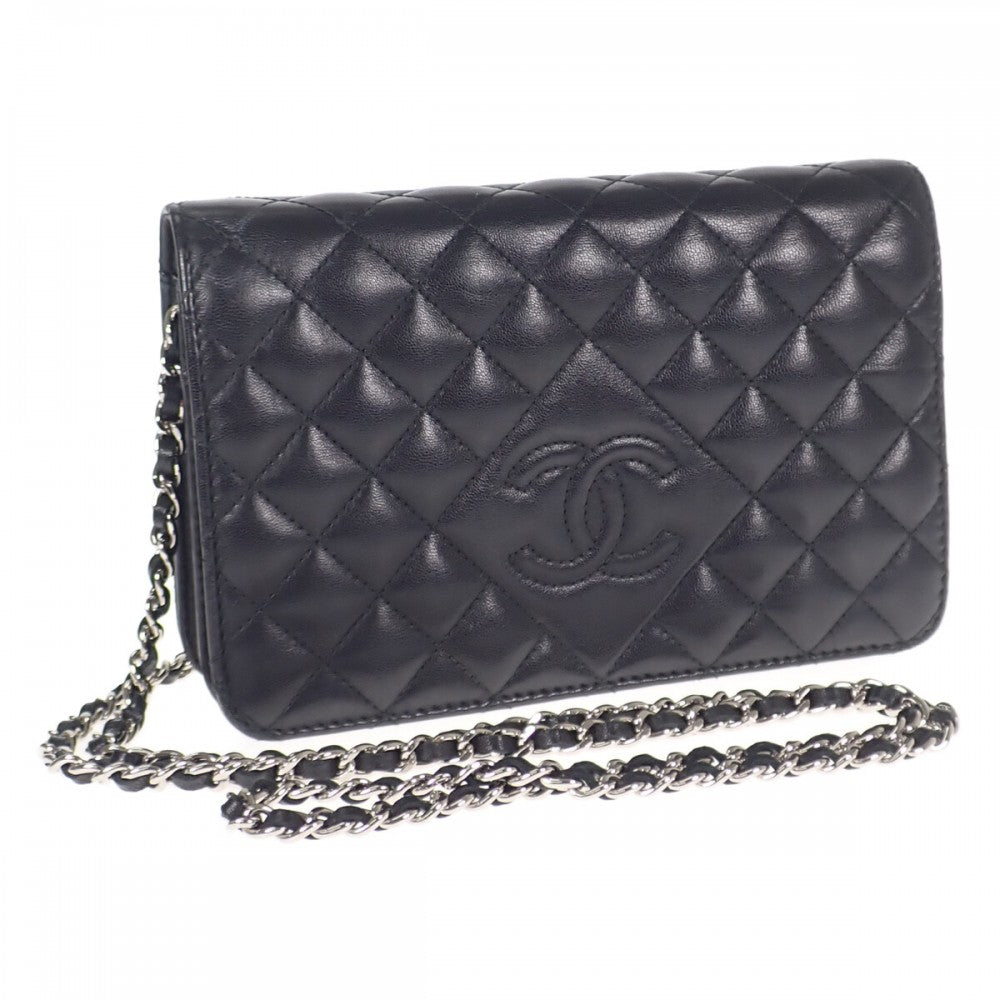 【ABランク】シャネル CHANEL ダイヤココマトラッセ チェーンウォレット A80699 長財布 ラムスキン ブラック シルバー金具 レディース【ISEYA】