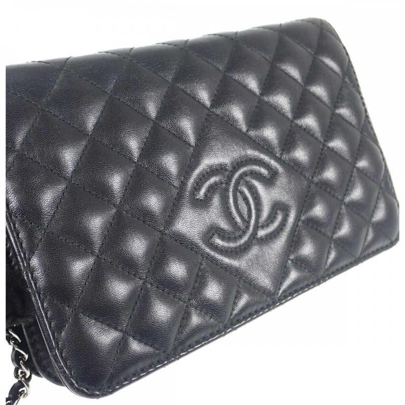 【ABランク】シャネル CHANEL ダイヤココマトラッセ チェーンウォレット A80699 長財布 ラムスキン ブラック シルバー金具 レディース【ISEYA】