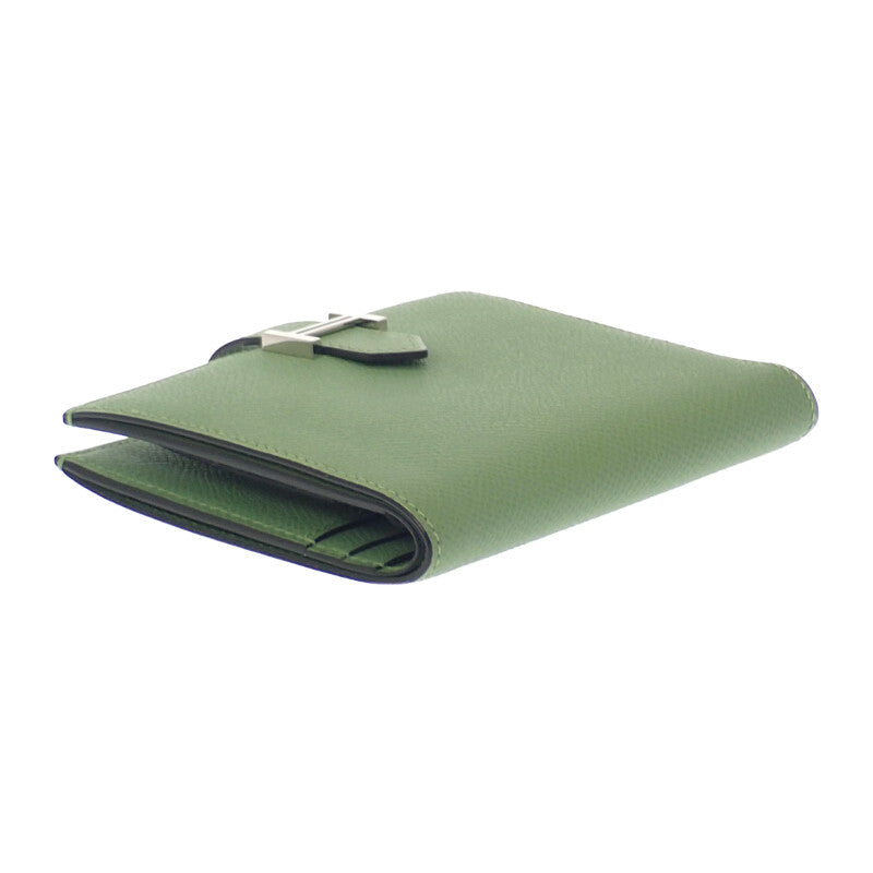 エルメス HERMES ベアンコンパクト 二つ折り財布 ヴォーエプソン グリーン シルバー金具 レディース メンズ【中古】【Aランク】