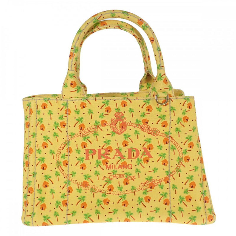 プラダ PRADA カナパ ヤシの木柄 ミニ 1BG439 2WAYバッグ ハンドバッグ  ショルダーバッグ コットン イエロー ゴールド金具 レディース【中古】【ABランク】