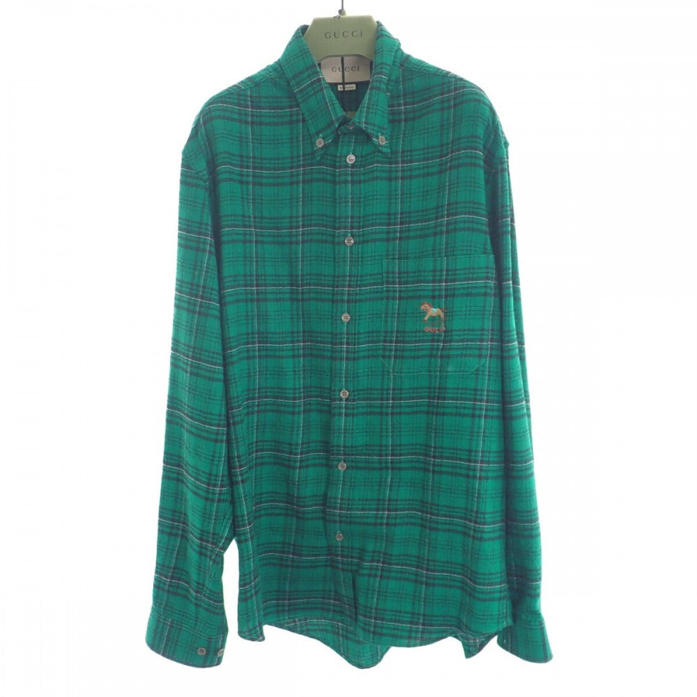 グッチ GUCCI チェックシャツ ロッキングホース 44 672701 ZAIB8 3768 長袖Ｔシャツ ウール グリーン メンズ【中古】【Aランク】
