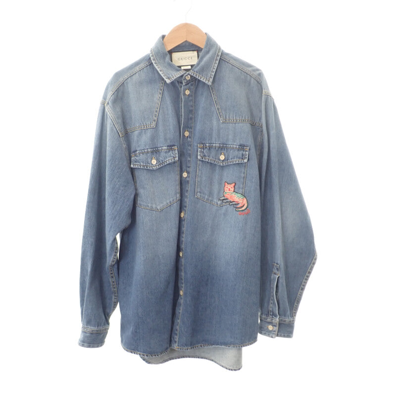 猫パッチ付き デニムシャツ 633935 XDBEX トップス 長袖 ウエスタン コットン ブルー サイズ44 メンズ【ISEYA】