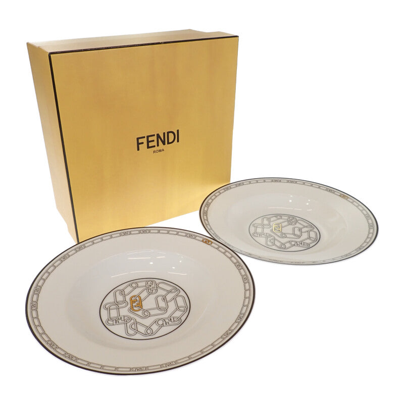 【中古】フェンディ FENDI オーロックプレート 2枚セット 7AC046 食器 ポーセリン ホワイト レディース【Sランク】