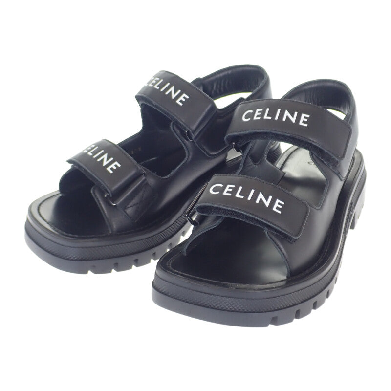 【中古】セリーヌ CELINE LEO ベルクロストラップ 345663338C.38NO サンダル カーフスキン ブラック 39 レディース【Sランク】