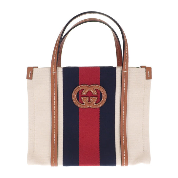 【Aランク】グッチ GUCCI インターロッキングG ミニトートバッグ 727735 2WAYバッグ ショルダーバッグ キャンバス レザー アイボリー オープン ゴールド金具 レディース 【ISEYA】