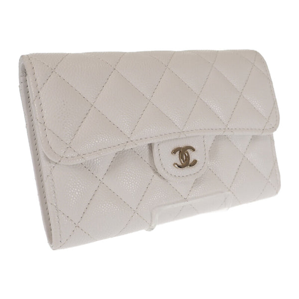 【Aランク】シャネル CHANEL ミディアム クラシックフラップ ウォレット AP0232_B33352_10601 二つ折り財布 キャビアスキン ホワイト ゴールド金具 レディース【ISEYA】