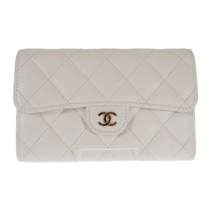 【Aランク】シャネル CHANEL ミディアム クラシックフラップ ウォレット AP0232_B33352_10601 二つ折り財布 キャビアスキン ホワイト ゴールド金具 レディース【ISEYA】