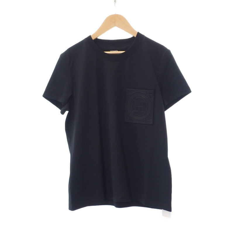 【中古】エルメス HERMES 刺繍入りポケット クルーネック H4H4615DA0238 半袖Ｔシャツ コットン ブラック 38 レディース【Sランク】