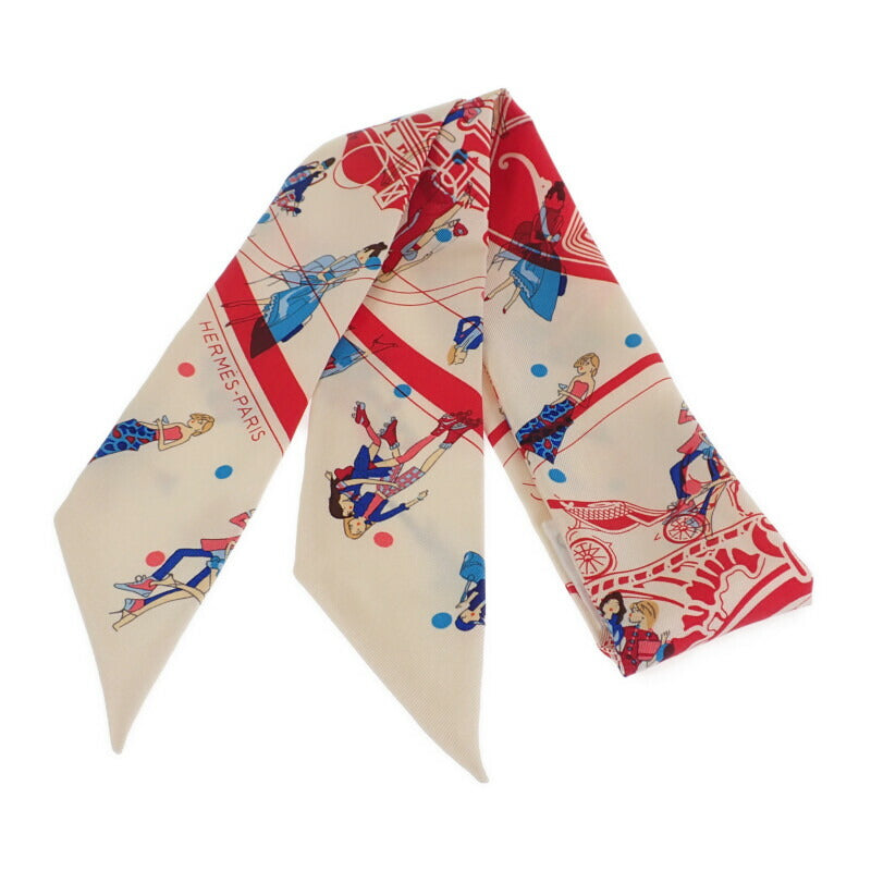 エルメス HERMES ツイリー エクスリブリス パリジェンヌ スカーフ シルク アイボリー レッド レディース【中古】【ABランク】