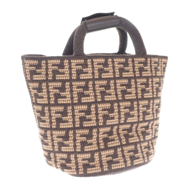 【中古】フェンディ FENDI ショッピングバッグ トートバッグ FFモチーフ ニット 総柄 丸底 7VA602_APDH_F1MLR ハンドバッグ カシミヤ レザー ブラウン レディース【Aランク】