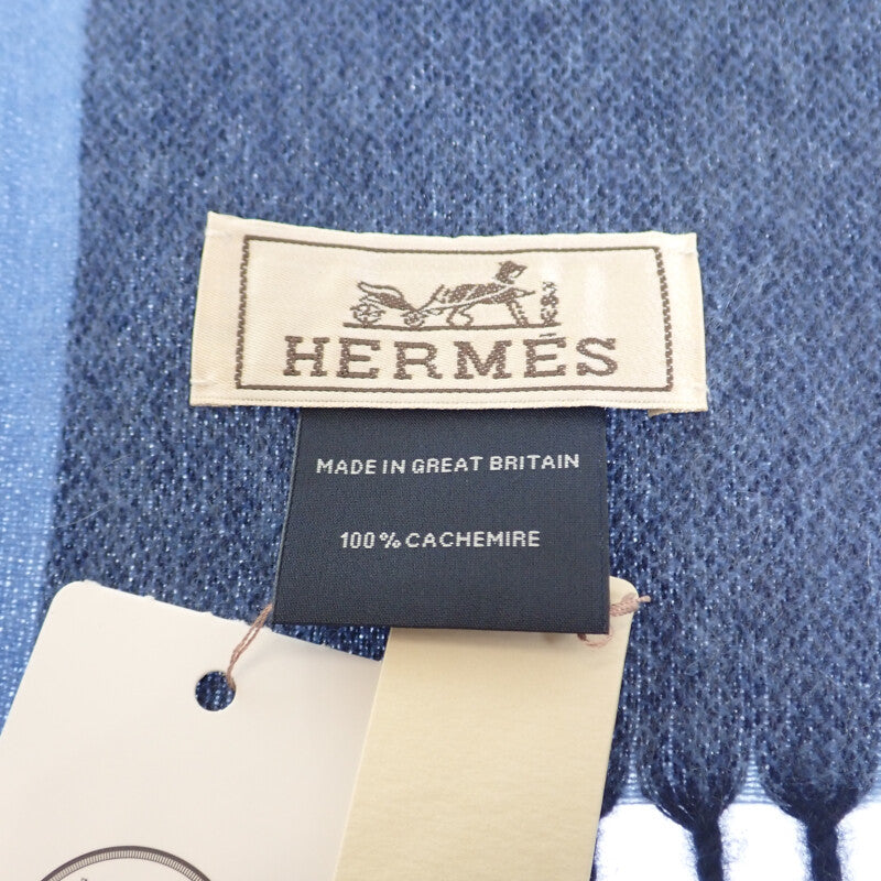 【Aランク】エルメス HERMES Hサマーブロック マフラー カシミヤ ブルー メンズ  ユニセックス【ISEYA】