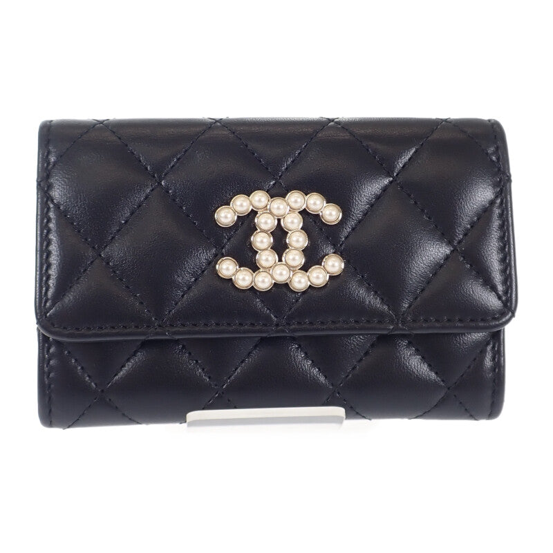 【Aランク】シャネル CHANEL CCパール フラット AP3813_B15723_94305 カードケース ラムスキン ブラック ゴールド金具 レディース【ISEYA】