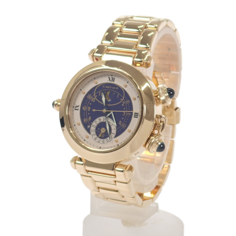 カルティエ CARTIER パシャ ムーンデイト アラーム 1990年製 正規メンテナンス済 W30011 腕時計 K18イエローゴールド クオーツ ブルー文字盤 メンズ【中古】【Aランク】