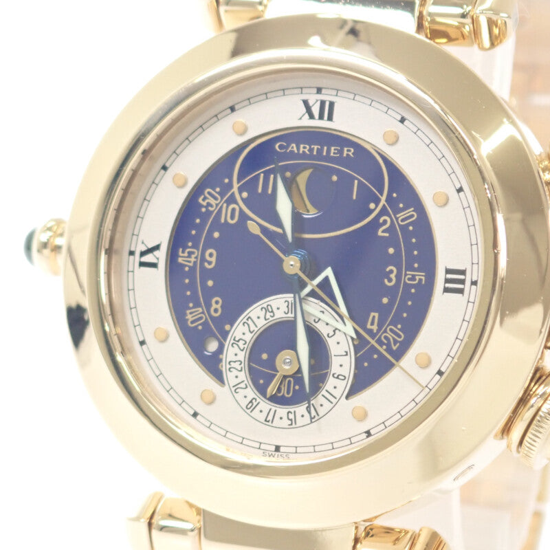 カルティエ CARTIER パシャ ムーンデイト アラーム 1990年製 正規メンテナンス済 W30011 腕時計 K18イエローゴールド クオーツ ブルー文字盤 メンズ【中古】【Aランク】