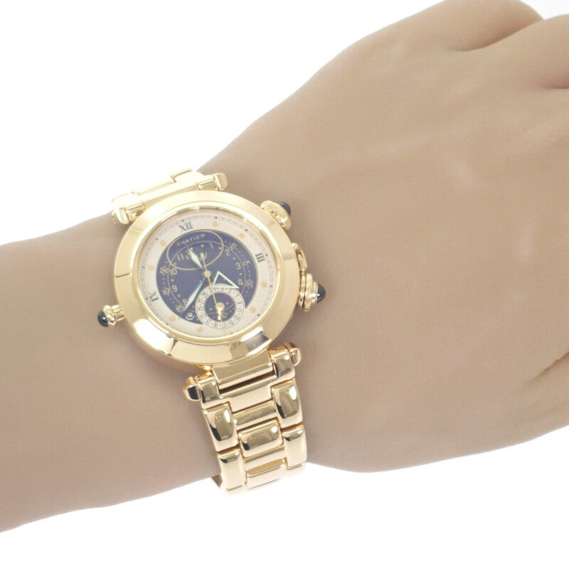 カルティエ CARTIER パシャ ムーンデイト アラーム 1990年製 正規メンテナンス済 W30011 腕時計 K18イエローゴールド クオーツ ブルー文字盤 メンズ【中古】【Aランク】